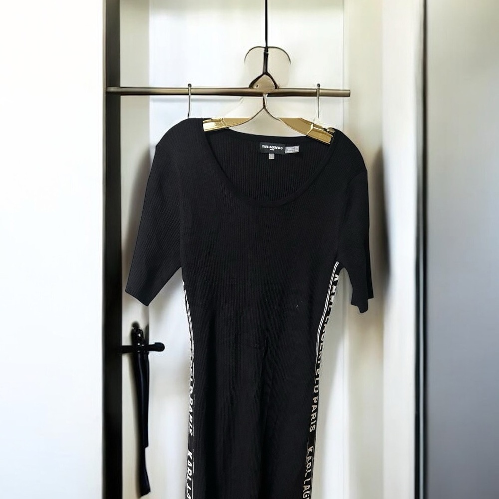 Karl Lagerfeld Black Midi Dress with White Text Detail